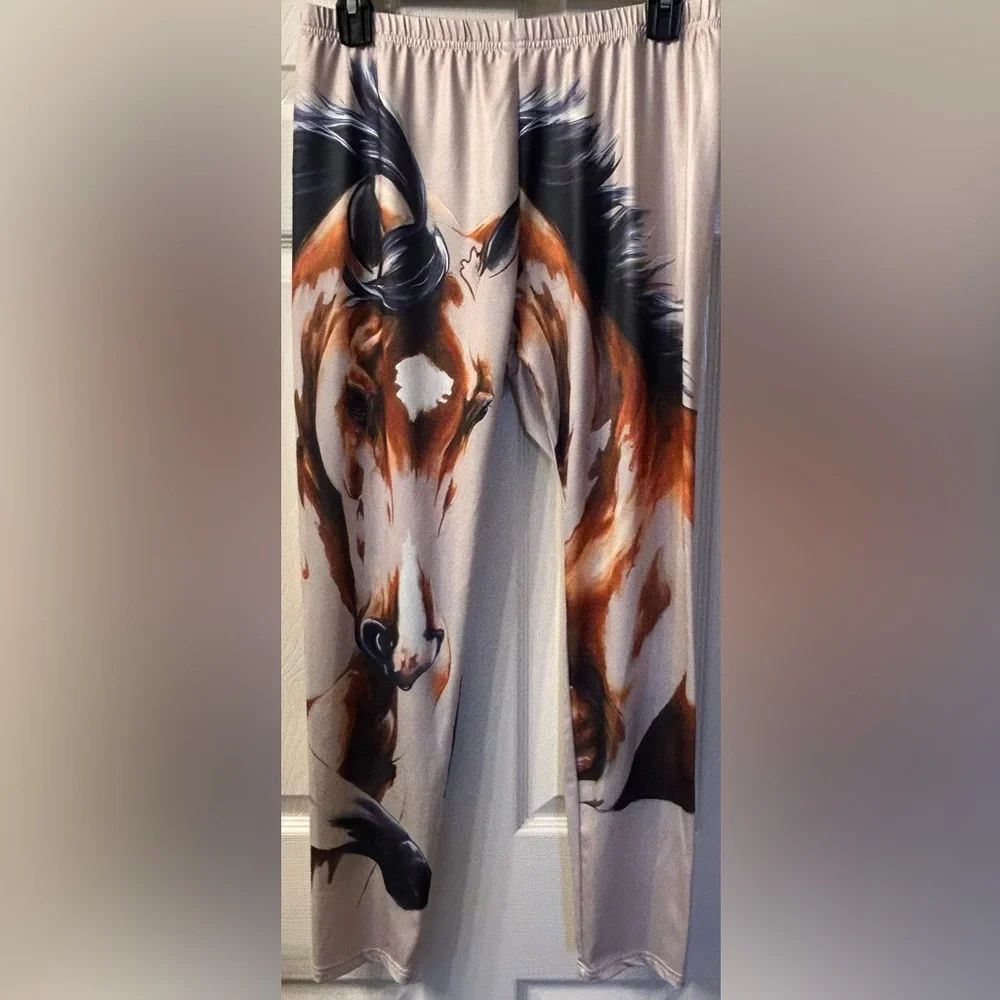 Beige stretch comfortable pants with a horse print size XL